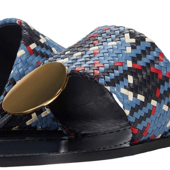 Tory Burch $268 Patos LEATHER Disk Sandal Blue Woven 10 - Picture 5 of 13